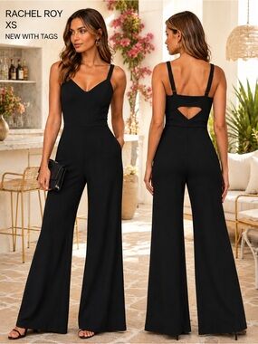 Rachel Roy XS Black Wide Leg Cutout Jumpsuit NEW Adjustable Strap Flare pockets